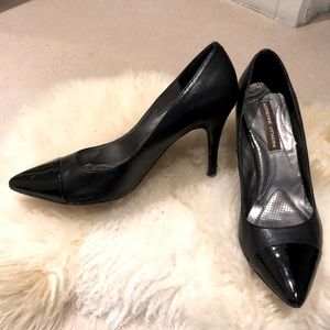 Adrienne Vittadini black heels with patent toe. Size 6M